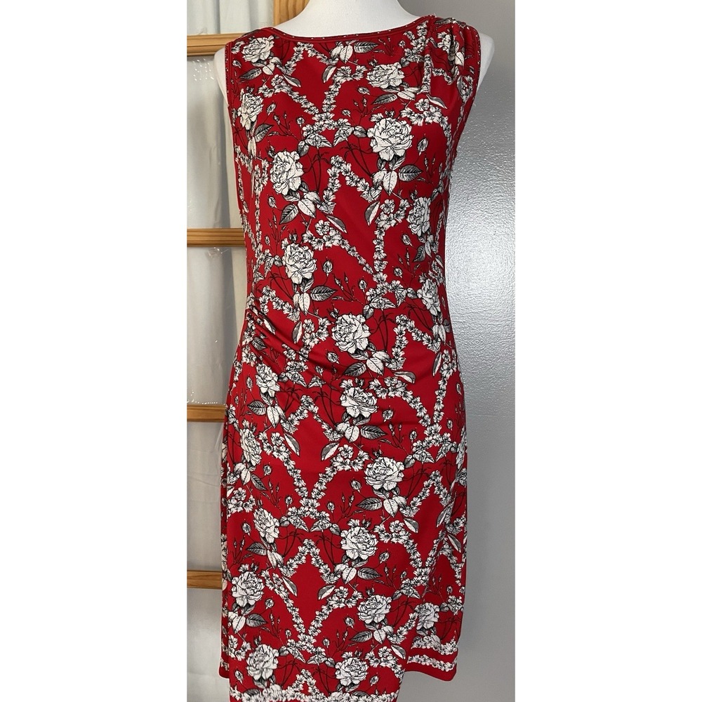 Max Studio Floral Sleeveless Dress Sz M Red White Side Ruched Career City